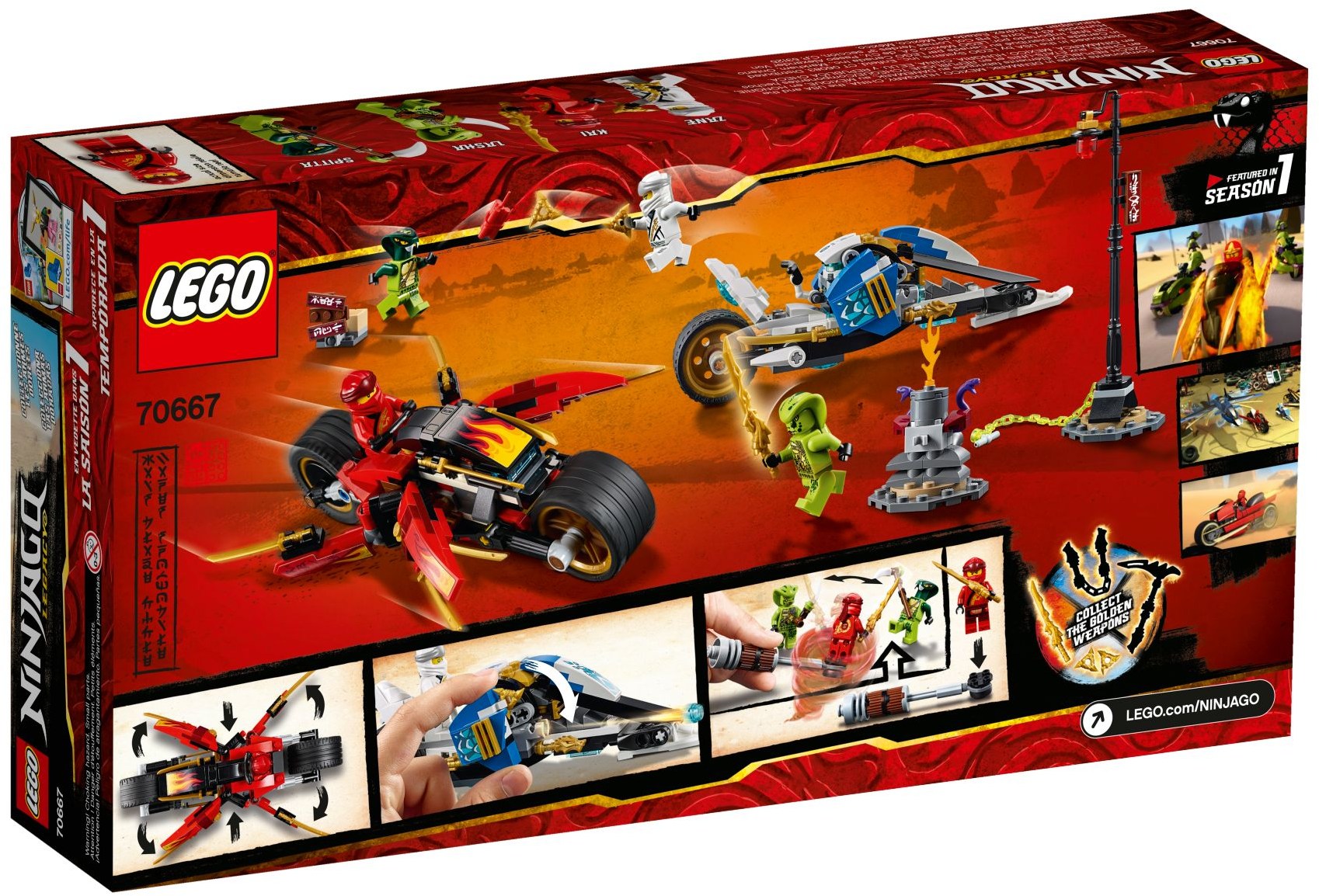 LEGO Ninjago 70667 Kaiova motorka s čepelemi a Zaneův sněžný vůz